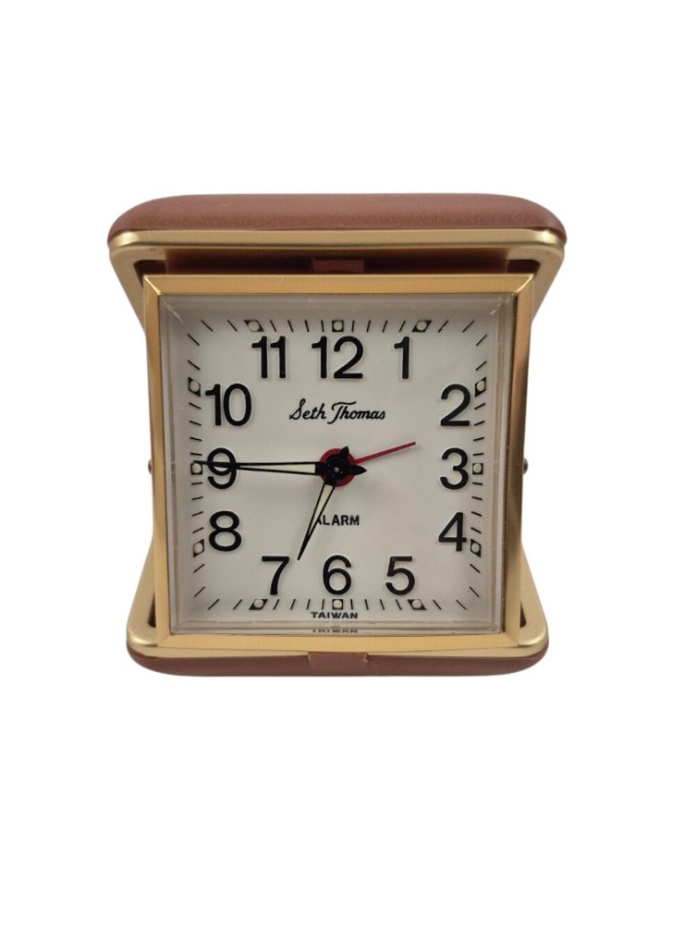 Seth Thomas Travel Alarm Clock Tan Clamshell Case Gold Trim Testes Working - Picture 6 of 10